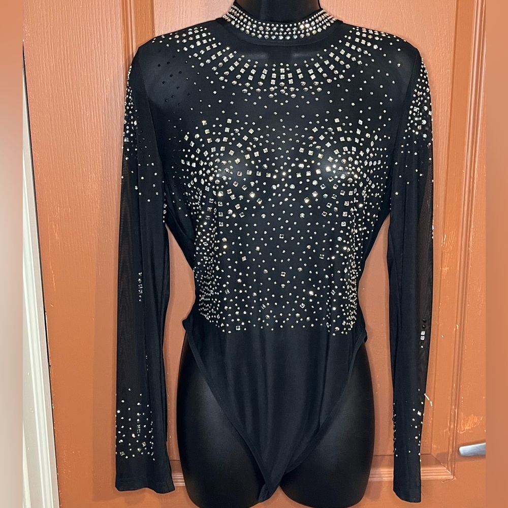 Black Embellished Long Sleeve Bodysuit